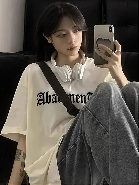 Örümcek Ağı Desenli Baskılı Oversize Bisiklet Yaka T-shirt  - Beyaz