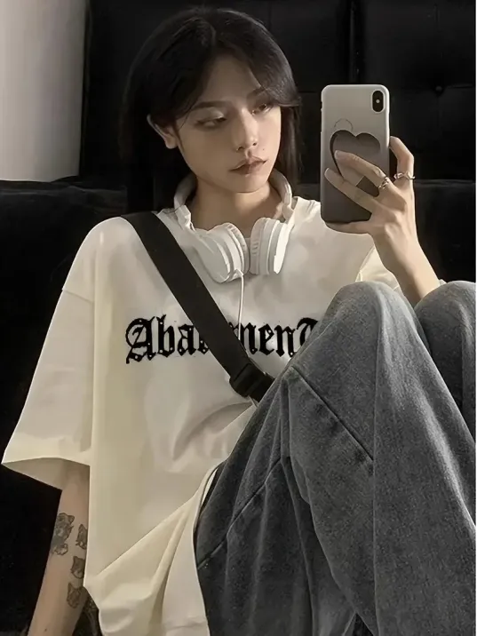 Örümcek Ağı Desenli Baskılı Oversize Bisiklet Yaka T-shirt  - Beyaz