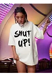 20/1 Penye Compack Oversize Beyaz Shut Up Kısa Kol Yazlık Tişört - Beyaz