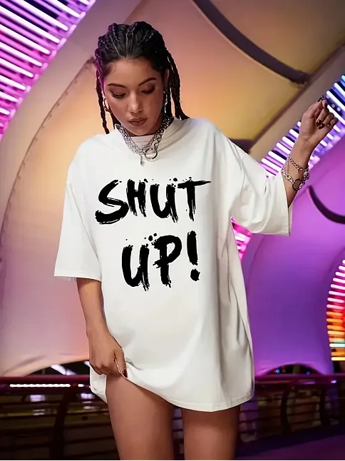 20/1 Penye Compack Oversize Beyaz Shut Up Kısa Kol Yazlık Tişört - Beyaz