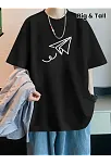 20/1 Penye Compack Uçak Baskılı Oversize Bisiklet Yaka Kısa Kol T-shirt - Siyah