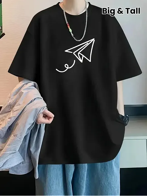 20/1 Penye Compack Uçak Baskılı Oversize Bisiklet Yaka Kısa Kol T-shirt - Siyah
