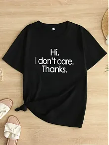 Hi, I Don't Care. Thanks. (merhaba, Önemli Değil. Teşekkürler.) Baskılı Oversize Bisiklet Yaka T-shirt - Siyah