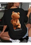 Büyük Boy Ayıcık Baskılı Bisiklet Yaka T-shirt, İlkbahar & Yaz İçin Rahat Kısa Kollu T-shirt, Kadın Giyim - Siyah