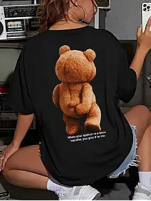 Büyük Boy Ayıcık Baskılı Bisiklet Yaka T-shirt, İlkbahar & Yaz İçin Rahat Kısa Kollu T-shirt, Kadın Giyim - Siyah