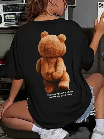 Büyük Boy Ayıcık Baskılı Bisiklet Yaka T-Shirt, İlkbahar & Yaz İçin Rahat Kısa Kollu T-Shirt, Kadın Giyim - Siyah Büyük Boy Ayıcık Baskılı Bisiklet Yaka T-Shirt, İlkbahar & Yaz İçin Rahat Kısa Kollu T-Shirt, Kadın Giyim - Siyah