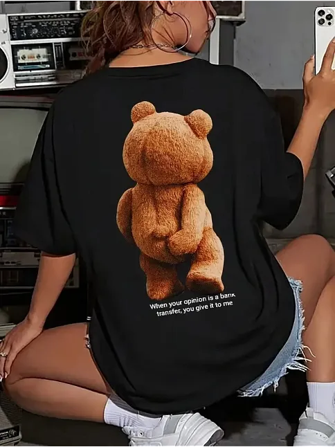 Büyük Boy Ayıcık Baskılı Bisiklet Yaka T-shirt, İlkbahar & Yaz İçin Rahat Kısa Kollu T-shirt, Kadın Giyim - Siyah