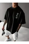 Benzersiz Sırt Baskılı Erkek Sokak Stili Bol Tişört - Nefes Alabilir Polyester, Makinede Yıkanabilir - Siyah