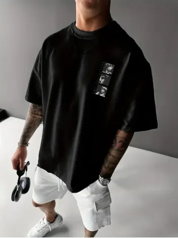 Benzersiz Sırt Baskılı Erkek Sokak Stili Bol Tişört - Nefes Alabilir Polyester, Makinede Yıkanabilir - Siyah