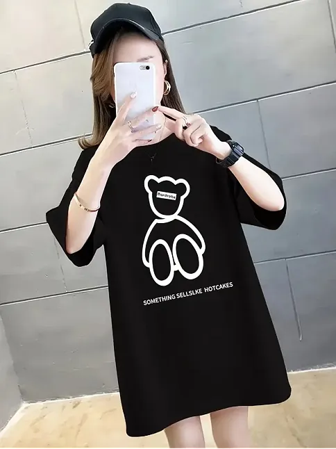 20/1 Penye Compack Ön Arka Baskılı Oversize Bisiklet Yaka T-shirt - Siyah