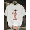 Pembe Panter Baskılı Erkek Oversize Günlük Kısa Kollu Tişört İlkbahar ve Yaz için Mükemmeldir - Beyaz