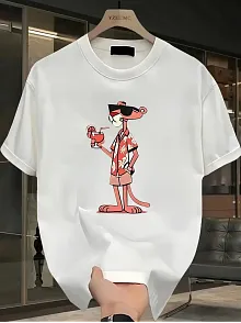 Pembe Panter Baskılı Erkek Oversize Günlük Kısa Kollu Tişört İlkbahar Ve Yaz İçin Mükemmeldir - Beyaz