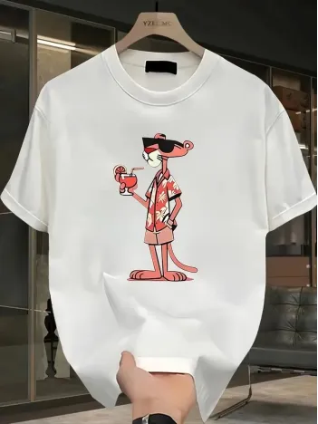 Pembe Panter Baskılı Erkek Oversize Günlük Kısa Kollu Tişört İlkbahar ve Yaz için Mükemmeldir - Beyaz Pembe Panter Baskılı Erkek Oversize Günlük Kısa Kollu Tişört İlkbahar ve Yaz için Mükemmeldir - Beyaz