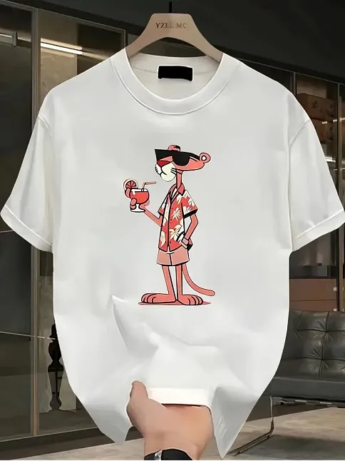 Pembe Panter Baskılı Erkek Oversize Günlük Kısa Kollu Tişört İlkbahar Ve Yaz İçin Mükemmeldir - Beyaz