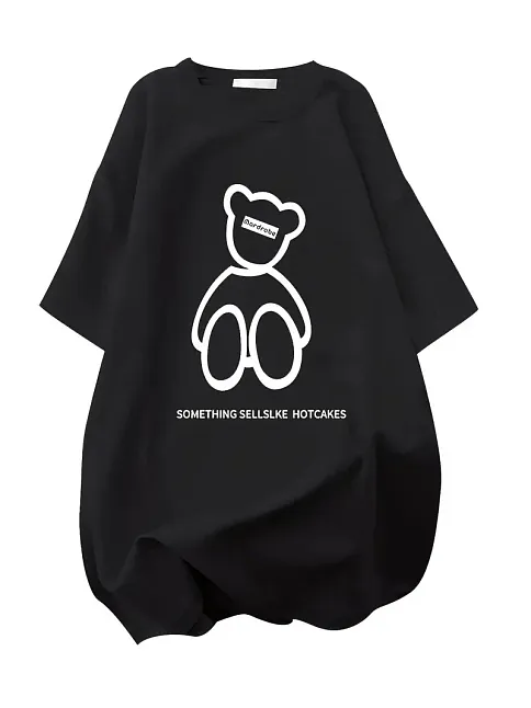 20/1 Penye Compack Ön Arka Baskılı Oversize Bisiklet Yaka T-shirt - Siyah