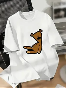 20/1 Penye Compack Ayı Baskılı Oversize Bisiklet Yaka Kısa Kol T-shirt - Beyaz