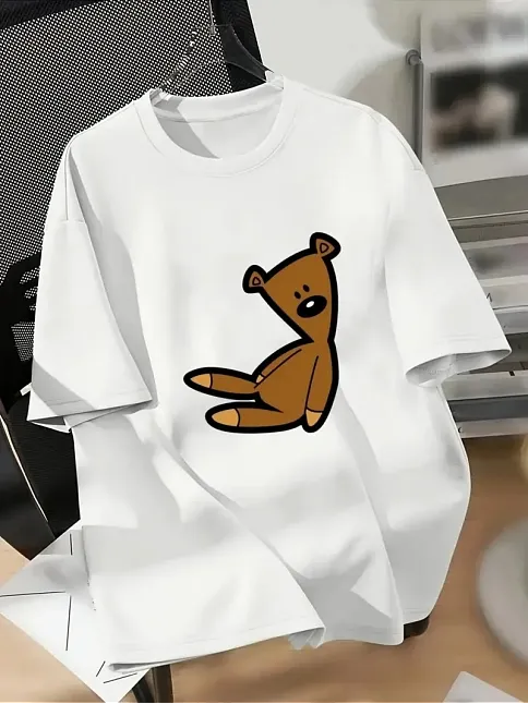 20/1 Penye Compack Ayı Baskılı Oversize Bisiklet Yaka Kısa Kol T-shirt - Beyaz