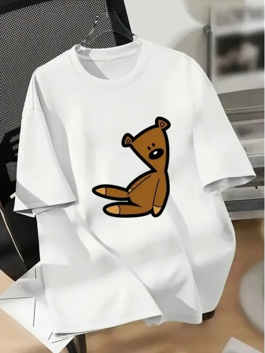 20/1 Penye Compack Ayı Baskılı Oversize Bisiklet Yaka Kısa Kol T-shirt - Beyaz 20/1 Penye Compack Ayı Baskılı Oversize Bisiklet Yaka Kısa Kol T-shirt - Beyaz