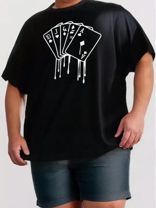 erkek büyük beden Kart baskılı düz renk kısa kollu bisiklet yaka tişört gündelik giyim - Siyah