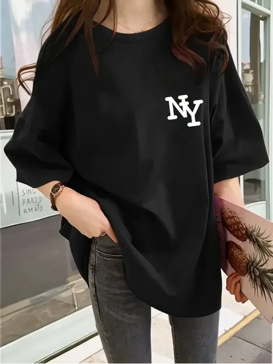 Kadın Eğlenceli Harf NY Baskılı Bisiklet Yaka Tişört - Rahat Polyester, Makinede Yıkanabilir - Yaz ve Fitness için Mükemmel, Yuvarlak Yaka - Siyah Kadın Eğlenceli Harf NY Baskılı Bisiklet Yaka Tişört - Rahat Polyester, Makinede Yıkanabilir - Yaz ve Fitness için Mükemmel, Yuvarlak Yaka - Siyah