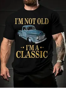 Erkek Vintage Araba Grafik T-shirt - "ben Yaşlı Değilim Ben Bir Klasiğim" Esprili Baskı  Nefes Alabilir Kumaş, Günlük Yaz Ve Yıl Boyu Giyim İçin Oversize Kısa Kollu Tişört - Siyah