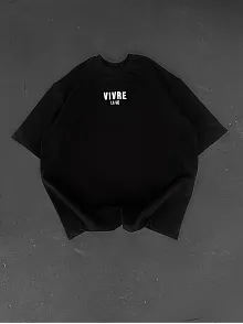 Baskılı Oversize Bisiklet Yaka T-shirt - Siyah