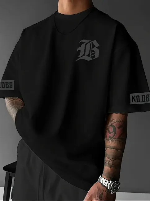 Lb Ön Arka Baskılı Oversize Bisiklet Yaka Yazlık T-shirt - Siyah