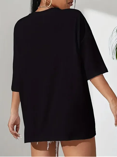 20/1 Penye Compack Classical Baskılı Siyah Oversize Tişort - Siyah