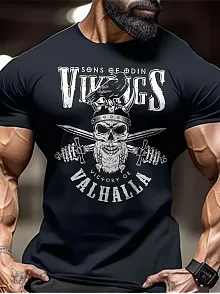 20/1 Penye Compack Vikings Valhalla Baskılı Oversize Bisiklet Yaka T-shirt - Siyah