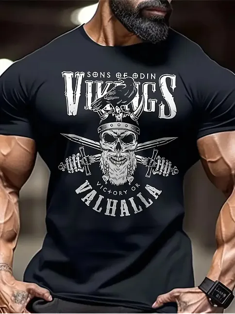 20/1 Penye Compack Vikings Valhalla Baskılı Oversize Bisiklet Yaka T-shirt - Siyah