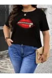 Fermuar Dudak Baskılı Tişört Bisiklet Yaka Kısa Kollu Tişört - Siyah