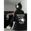 Örümcek Ağı Desenli Baskılı Oversize Bisiklet Yaka T-shirt - Siyah