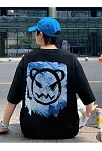 20/1 Penye Compack Bisiklet Yaka Kore Tarzı Sevimli Ayı Baskı Kısa Kol Erkek T-shirt - Siyah