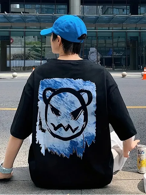 20/1 Penye Compack Bisiklet Yaka Kore Tarzı Sevimli Ayı Baskı Kısa Kol Erkek T-shirt - Siyah