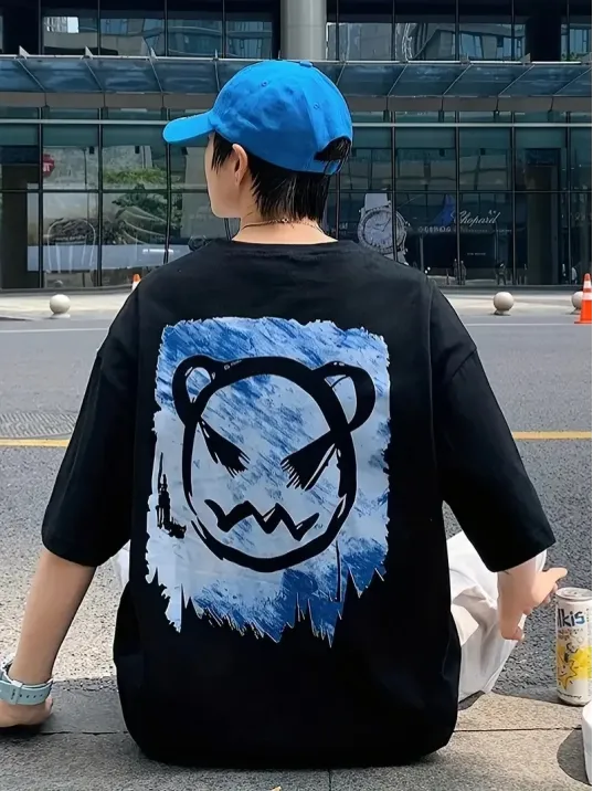 20/1 Penye Compack Bisiklet Yaka Kore tarzı sevimli ayı baskı Kısa Kol Erkek t-shirt - Siyah