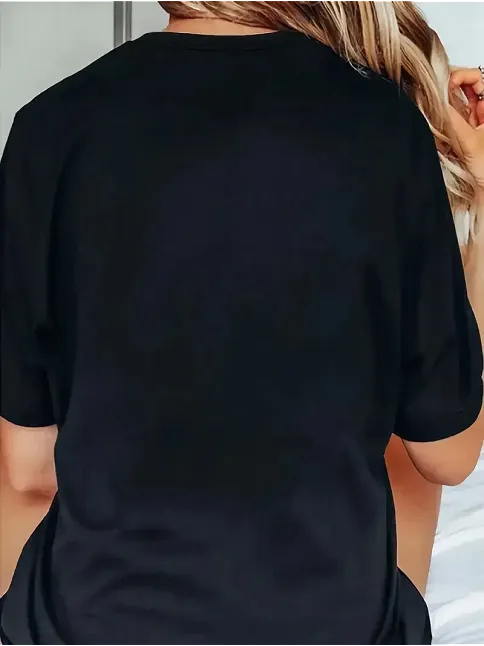 20/1 Penye Compack Baskılı Oversize Bisiklet Yaka Kısa Kol T-shirt - Siyah