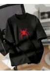 20/1 Penye Compack Spider Baskılı Oversize Unisex Kısa Kol Yazlık T-shirt - Siyah