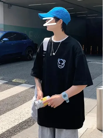 20/1 Penye Compack Bisiklet Yaka Kore tarzı sevimli ayı baskı Kısa Kol Erkek t-shirt - Siyah