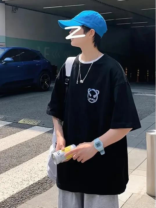 20/1 Penye Compack Bisiklet Yaka Kore tarzı sevimli ayı baskı Kısa Kol Erkek t-shirt - Siyah