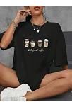 20/1 Penye Compack Baskılı Oversize Kahve Desenli Kadın Kısa Kol Yazlık T-shirt - Siyah
