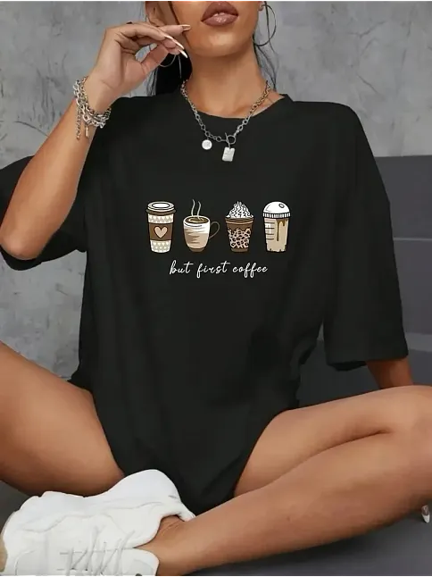 20/1 Penye Compack Baskılı Oversize Kahve Desenli Kadın Kısa Kol Yazlık T-shirt - Siyah