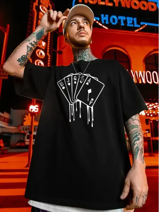 erkek büyük beden Kart baskılı düz renk kısa kollu bisiklet yaka tişört gündelik giyim - Siyah erkek büyük beden Kart baskılı düz renk kısa kollu bisiklet yaka tişört gündelik giyim - Siyah