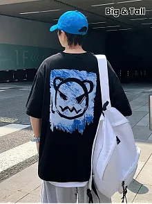 20/1 Penye Compack Bisiklet Yaka Kore Tarzı Sevimli Ayı Baskı Kısa Kol Erkek T-shirt - Siyah