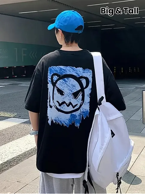 20/1 Penye Compack Bisiklet Yaka Kore Tarzı Sevimli Ayı Baskı Kısa Kol Erkek T-shirt - Siyah