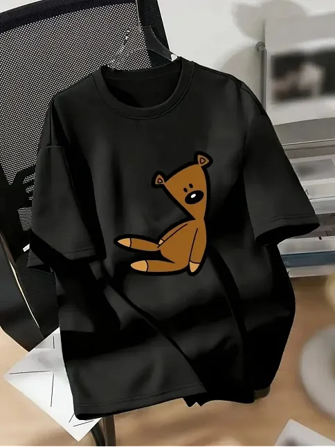20/1 Penye Compack Ayı Baskılı Oversize Bisiklet Yaka Kısa Kol T-shirt - Siyah