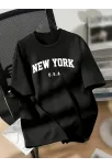 20/1 Penye Compack New York Baskılı Oversize Kısa Kol Bisiklet Yaka T-shirt - Siyah