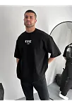Baskılı Oversize Bisiklet Yaka T-shirt - Siyah