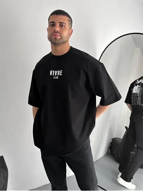 Baskılı Oversize Bisiklet Yaka T-shirt - Siyah