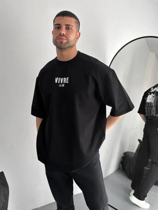 Baskılı Oversize Bisiklet Yaka T-shirt - Siyah Baskılı Oversize Bisiklet Yaka T-shirt - Siyah