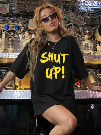 20/1 Penye Compack Shut up Baskılı Oversize Bisiklet Yaka Kısa Kol T-shirt - Siyah 20/1 Penye Compack Shut up Baskılı Oversize Bisiklet Yaka Kısa Kol T-shirt - Siyah